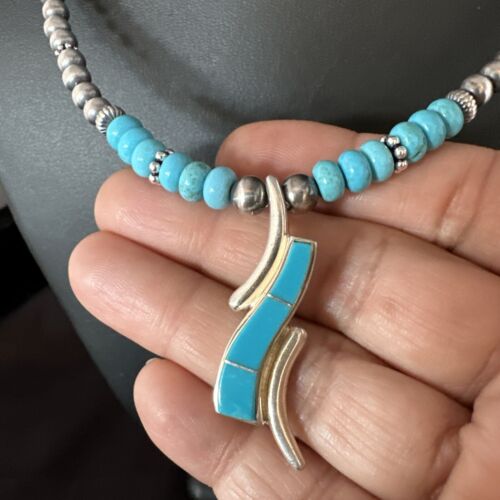 Navajo Blue Turquoise Pendant Necklace | Sterling Silver with Pearls | Authentic Native American Handmade | 15376