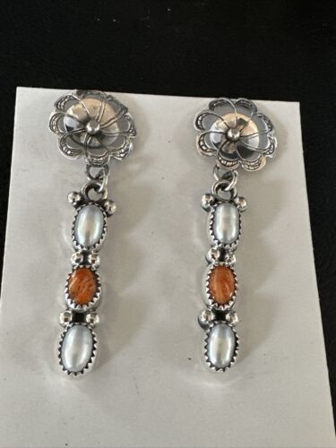 Navajo Orange Spiny Oyster Dangle Earrings | Sterling Silver Pearls | Authentic Native American Handmade | 15328