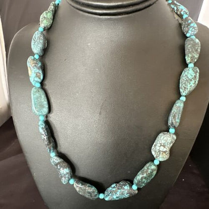 Navajo Blue Nugget Turquoise Bead Necklace | Sterling Silver Pearls | 20" | Authentic Native American Handmade | 16003
