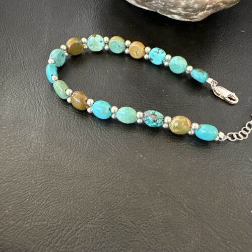 Southwestern Blue Turquoise Bead Link Bracelet | Sterling Silver | 8" | 17234