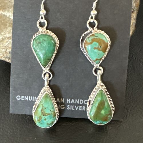Navajo Green Royston Turquoise Dangle Earrings | Sterling Silver | Authentic Native American Handmade | 16493