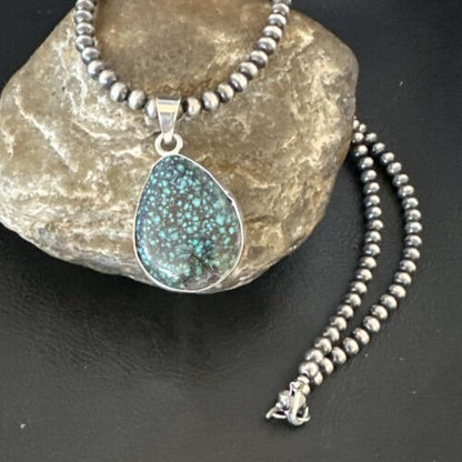 Men's Navajo Blue Spiderweb Turquoise Pendant Necklace | Sterling Silver | Authentic Native American Handmade | 16224
