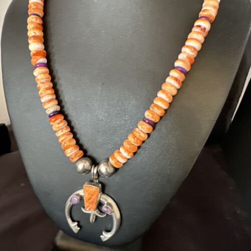 Men's Orange Spiny Oyster Sugilite Naja Pendant Necklace | Navajo Sterling Silver | 22" | Authentic Native American Handmade | 15226