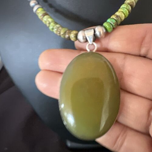 Navajo Green Turquoise Pendant Necklace | Sterling Silver | Authentic Native American Handmade | 16918