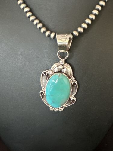 Navajo Pearls Blue Turquoise Necklace Pendant | Sterling Silver | Authentic Native American Handmade | 14878