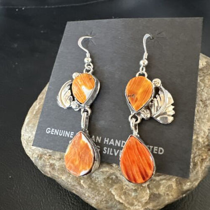 Navajo Orange Spiny Oyster Dangle Earrings | Sterling Silver | 1.5" | Authentic Native American Handmade | 16568