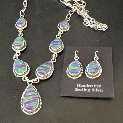 Navajo Purple Opal Lariat Necklace Set | Sterling Silver Pendant & Earrings | Authentic Native American Handmade | 16258 - Masha USA