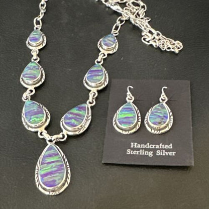 Navajo Purple Opal Lariat Necklace Set | Sterling Silver Pendant & Earrings | Authentic Native American Handmade | 16258 - Masha USA