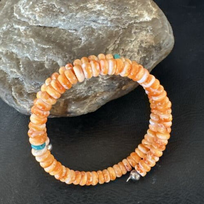 Navajo Orange Spiny Oyster Blue Turquoise Bracelet | 6mm Memory Wire Steel | Authentic Native American Handmade | 17621