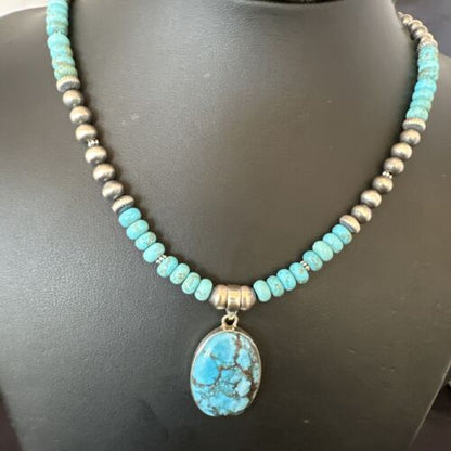 Navajo Blue Spiderweb Turquoise Pendant Necklace | Sterling Silver | Authentic Native American Handmade | 16649