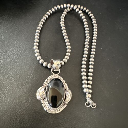 Navajo Pearls Black Onyx Necklace Pendant | Sterling Silver | Authentic Native American Handmade | 16533
