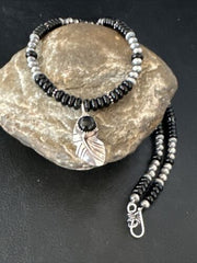 Navajo Black Onyx Pendant | Pearl Sterling Silver Necklace | Authentic Native American Handmade | 14899