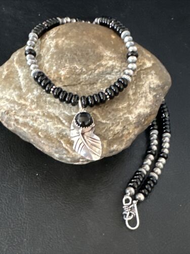 Navajo Black Onyx Pendant | Pearl Sterling Silver Necklace | Authentic Native American Handmade | 14899