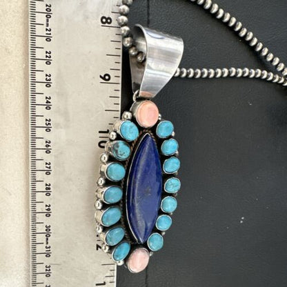 Navajo Multi-Stone Necklace | Lapis, Pink, Blue Turquoise | Sterling Silver | Authentic Native American Handmade | 17455