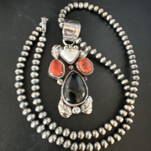 Navajo White Buffalo Coral Onyx Pearls Cluster Pendant | Sterling Silver | Native American Handmade | 15370