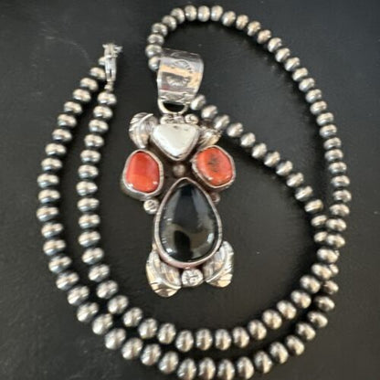 Navajo White Buffalo Coral Onyx Pearls Cluster Pendant | Sterling Silver | Native American Handmade | 15370