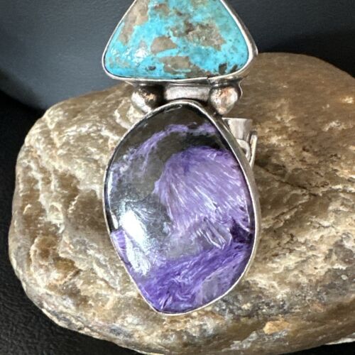 Navajo Blue Turquoise Purple Charoite Ring | Authentic Native American Sterling Silver | Multi-Stone | Sz 8 | 15916