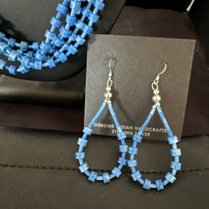 Navajo Blue Denim Lapis Necklace Earrings Set | 5-Strand Sterling Silver | Authentic Native American Handmade | 15772