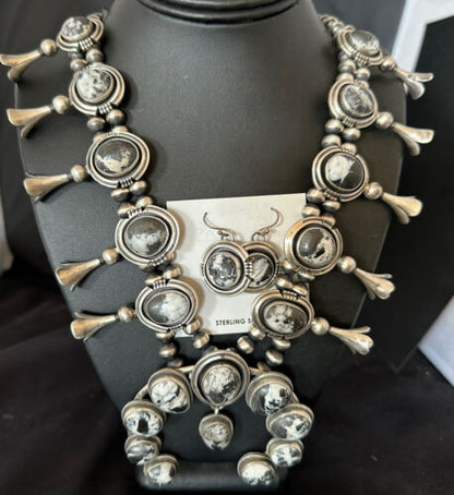 Navajo White Buffalo Turquoise Squash Blossom Necklace & Earrings | Sterling Silver | 16547