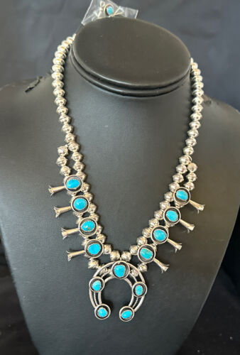 Navajo Kingman Turquoise Squash Blossom Necklace | Sterling Silver | 17" | Authentic Native American Handmade | 16110