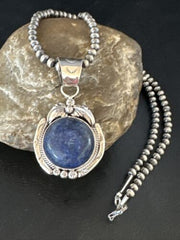 Men's Denim Lapis Lazuli Pendant Necklace | Navajo Beads | Sterling Silver | Authentic Native American Handmade | 14884