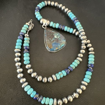 Navajo Blue Turquoise Jasper Pendant with Lapis | Sterling Silver Necklace | Native American Handmade | 16928