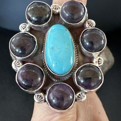 Navajo Cluster Blue Kingman Turquoise Sugilite Ring | Authentic Native American Sterling Silver | Multi-Stone | Sz 8 | 16774