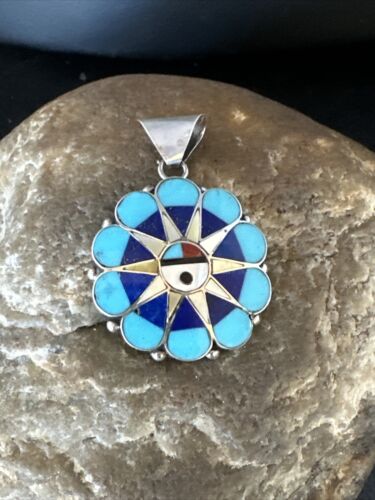 Zuni Sun Face Pendant | Turquoise, Mother of Pearl, Onyx Inlay | Sterling Silver | Native American Handmade | 15179