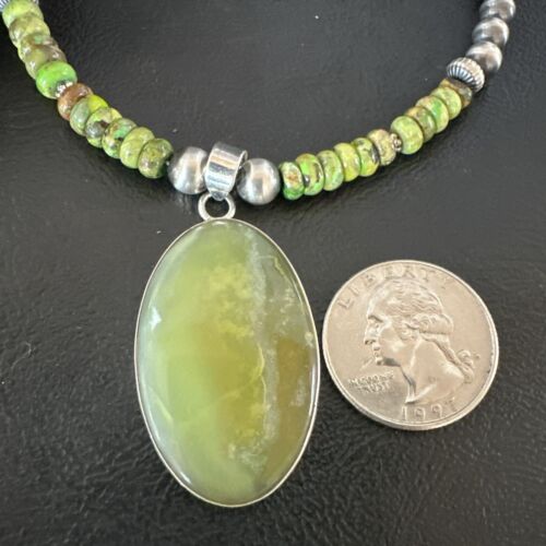 Navajo Green Turquoise Pendant Necklace | Sterling Silver | Authentic Native American Handmade | 16919