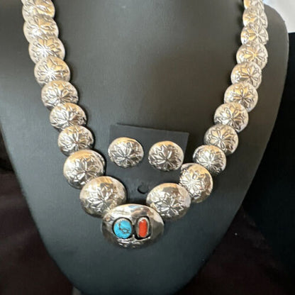 Navajo Coral Turquoise Necklace | Graduated Sterling Silver Pillow Stamped | 15636