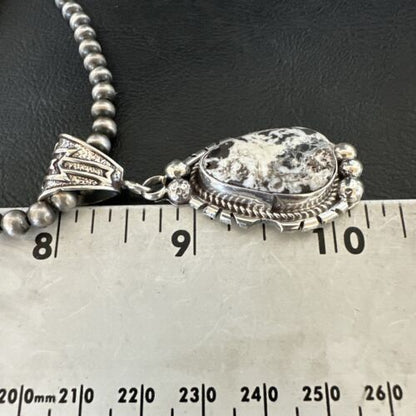 Navajo White Buffalo Turquoise Pendant Necklace | Sterling Silver | Authentic Native American Handmade | 17516