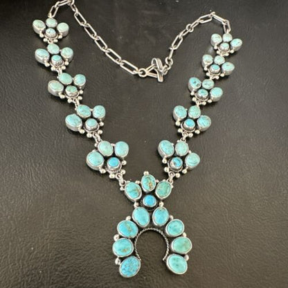 Navajo Blue Kingman Turquoise Squash Blossom Necklace | Sterling Silver | Authentic Native American Handmade | 16829