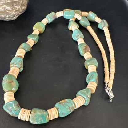 Santo Domingo Green Nugget Turquoise Necklace | Sterling Silver | 30" | Authentic Native American Handmade | 15291 - Masha USA