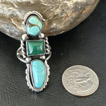 Navajo Blue Turquoise Malachite Cluster Ring | Authentic Native American Sterling Silver | Multi-Stone | Sz 10 | 17643