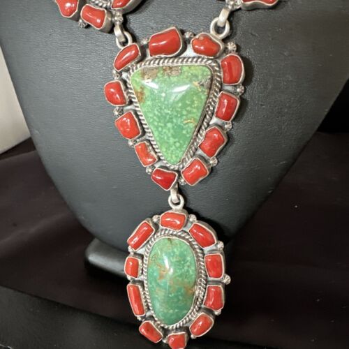 Navajo Green Turquoise and Coral Lariat Necklace Pendant | 23" | Authentic Native American Handmade | 16191