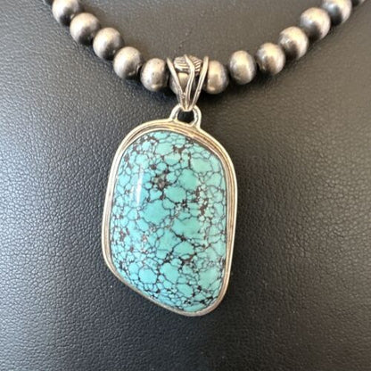Men's Navajo Blue Spiderweb Turquoise Pendant Necklace | Sterling Silver | Authentic Native American Handmade | 16274