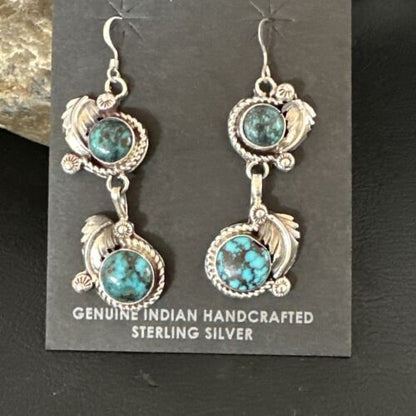 Navajo Blue Spiderweb Turquoise Dangle Earrings | Sterling Silver | Authentic Native American Handmade | 16011