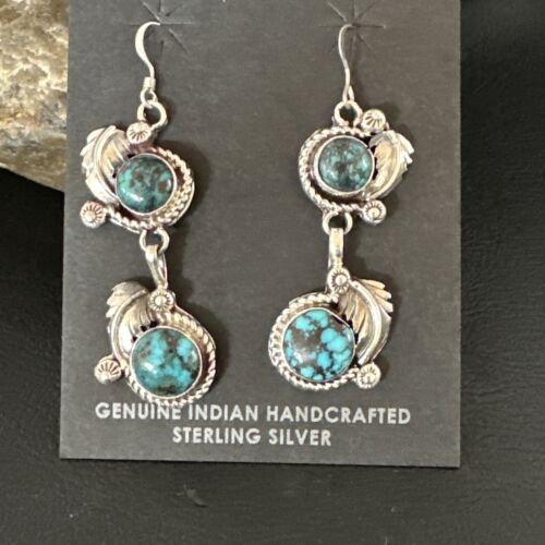 Navajo Blue Spiderweb Turquoise Dangle Earrings | Sterling Silver | Authentic Native American Handmade | 16011