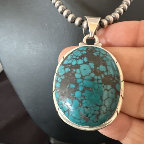 Men's Navajo Blue Spiderweb Turquoise Pendant Necklace | Sterling Silver | Authentic Native American Handmade | 16196