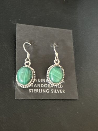Navajo Green Malachite Dangle Earrings | Sterling Silver | Authentic Native American Handmade | 14923