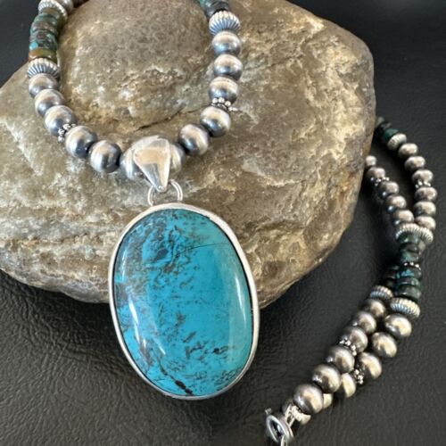 Men's Navajo Blue Spiderweb Turquoise Pendant Necklace | Sterling Silver | Authentic Native American Handmade | 16243