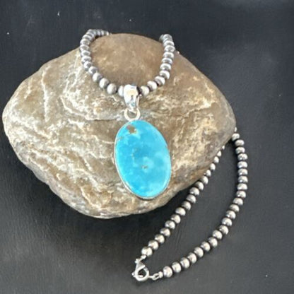 Navajo Blue Kingman Turquoise Pendant Necklace | Sterling Silver | 20" | Authentic Native American Handmade | 16995