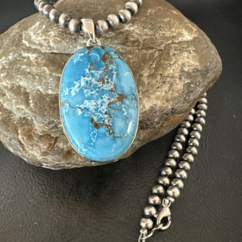 Navajo Blue Spiderweb Turquoise Pendant Necklace | Sterling Silver | Authentic Native American Handmade | 17015