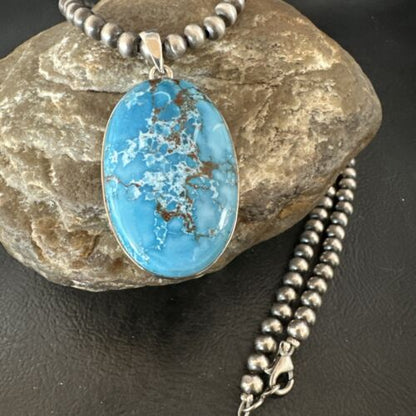 Navajo Blue Spiderweb Turquoise Pendant Necklace | Sterling Silver | Authentic Native American Handmade | 17015