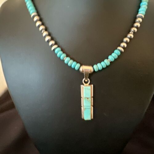 Navajo Blue Kingman Turquoise Inlay Pendant Necklace | Sterling Silver | 21" | Authentic Native American Handmade | 16930