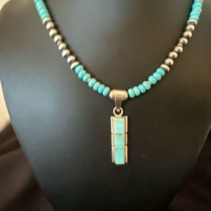 Navajo Blue Kingman Turquoise Inlay Pendant Necklace | Sterling Silver | 21" | Authentic Native American Handmade | 16930