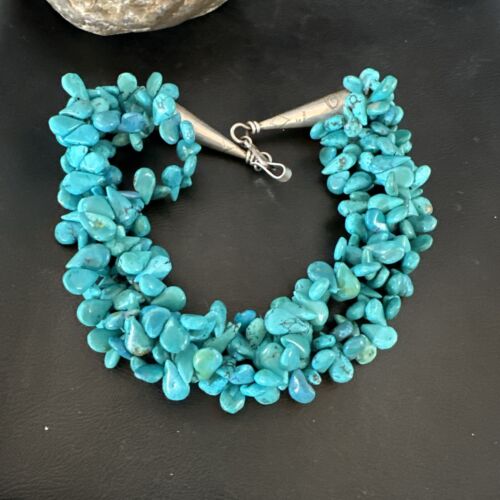 Navajo Teardrop Blue Turquoise Necklace | Sterling Silver Pearls | 19" 3 Strand | Authentic Native American Handmade | 17254