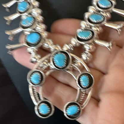Navajo Kingman Turquoise Squash Blossom Necklace | Sterling Silver | 17" | Authentic Native American Handmade | 16110