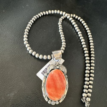 Navajo Orange Spiny Oyster Pendant Necklace | Sterling Silver | Authentic Native American Handmade | 15631