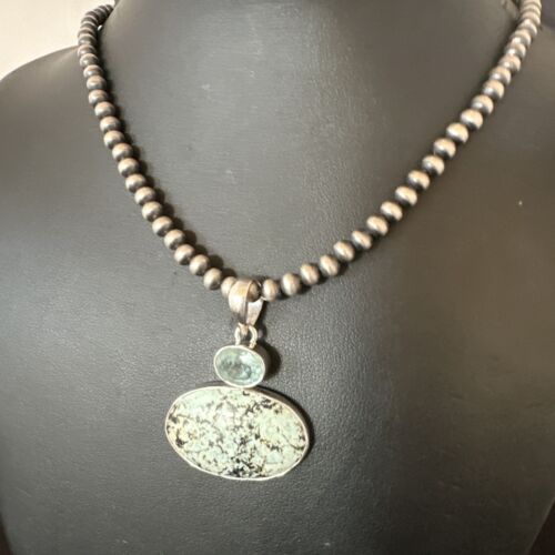 Navajo Dry Creek Turquoise Topaz Pendant Necklace | Sterling Silver | Authentic Native American Handmade | 16315